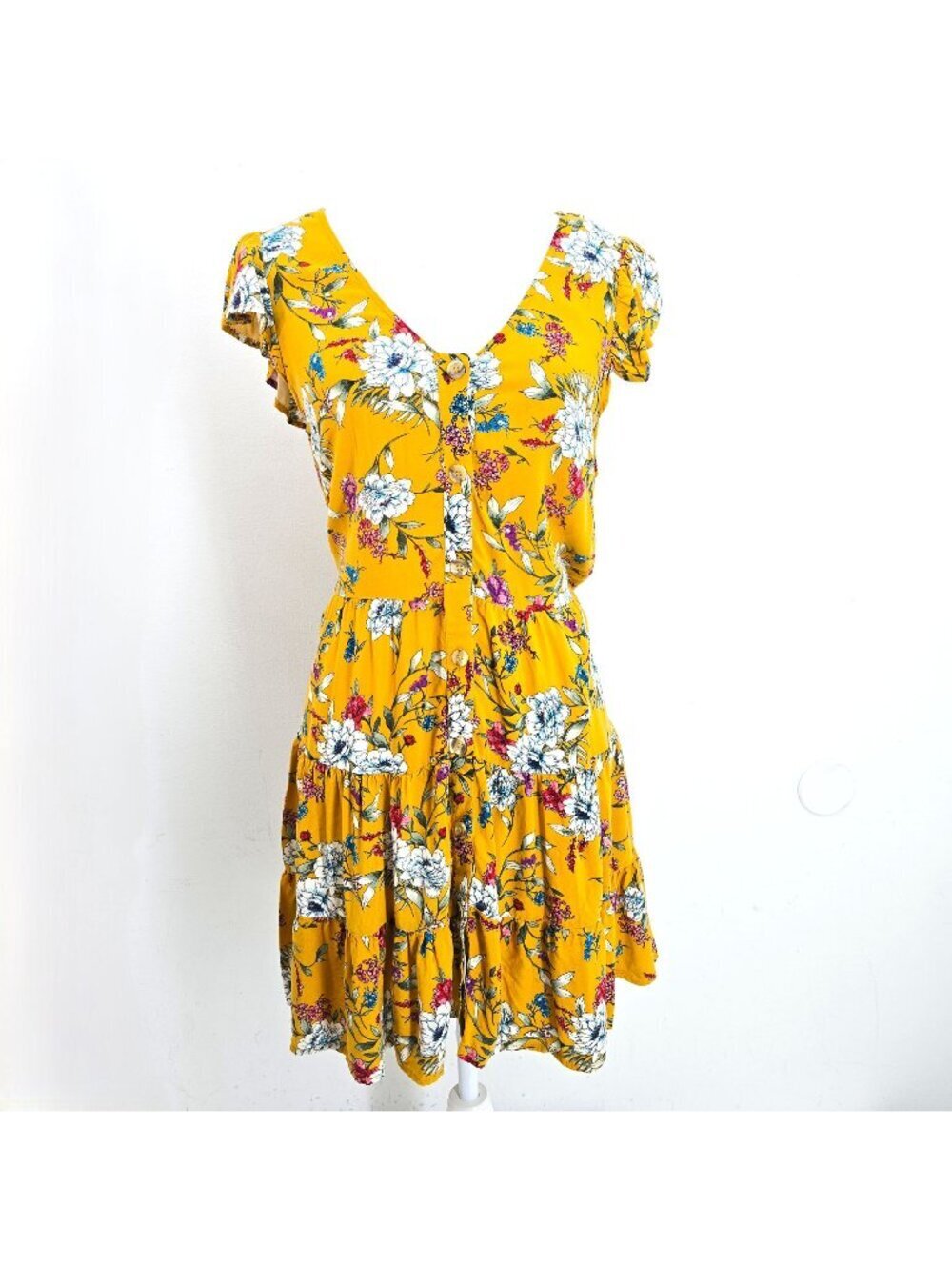 Bue Dahlia Yellow Tiered VNeck Boho Flutter cap Sleeve Mini Dress Women Size L